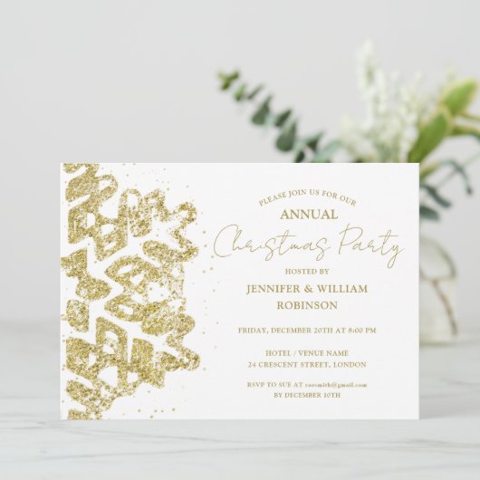 上品な金ゴールドグリッタークリスマススノーフレークホリデーパーティー 招待状 (スタンド正面)