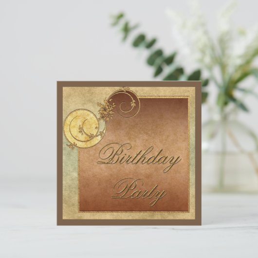 上品な金ゴールドスワーズ&フローラフェミニン誕生日 招待状 (スタンド正面)