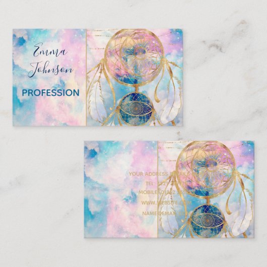 上品な金ゴールドドリームキャッチャーレインボークラウドスカイデザイン 名刺 (正面/裏面)