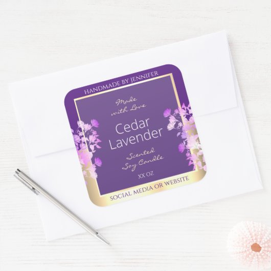 上品な金ゴールドパープルフローラ製品のパッケージラベル スクエアシール (封筒)