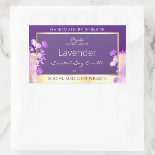 上品な金ゴールドパープルフローラ製品のパッケージラベル 長方形シール (バッグ)