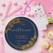 上品な金ゴールドフローラネイビーブルーウェルカム ペーパープレート (パーティー)