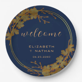 上品な金ゴールドフローラネイビーブルーウェルカム ペーパープレート