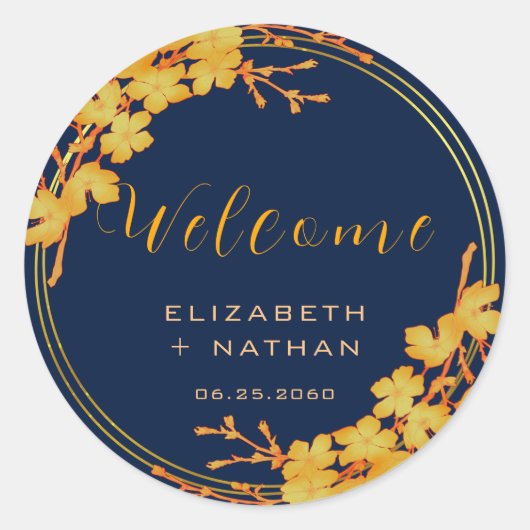 上品な金ゴールドフローラネイビー結婚ブルーの歓迎 ラウンドシール (正面)