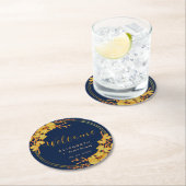上品な金ゴールドフローラネイビー結婚ブルーの歓迎 ラウンドペーパーコースター (インサイチュ)