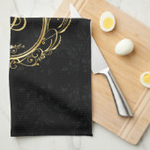 上品な金ゴールドブラックモノグラムダマスクデザイン キッチンタオル (四つ折り)