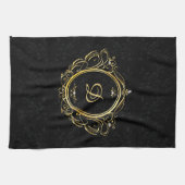 上品な金ゴールドブラックモノグラムダマスクデザイン キッチンタオル (横)