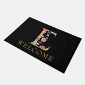 上品な金ゴールドモノグラムEとピンクの花模様doormat ドアマット (アングル)