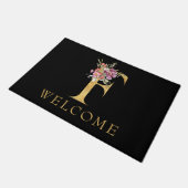 上品な金ゴールドモノグラムFとピンクの花模様doormat ドアマット (アングル)