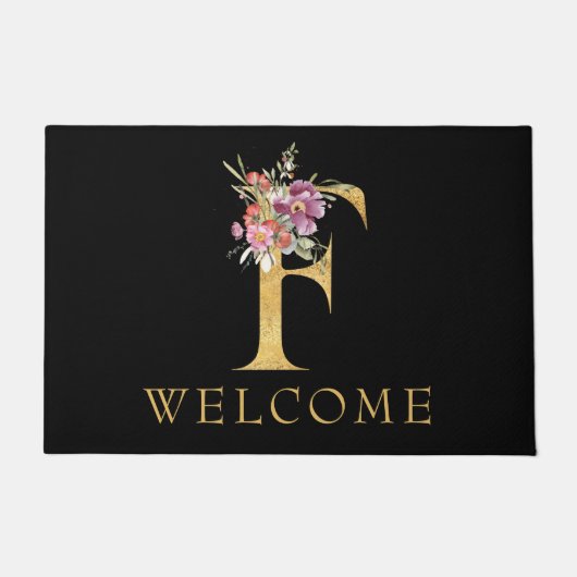 上品な金ゴールドモノグラムFとピンクの花模様doormat ドアマット (正面)