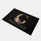 上品な金ゴールドモノグラムGとピンクの花模様doormat ドアマット (アングル)