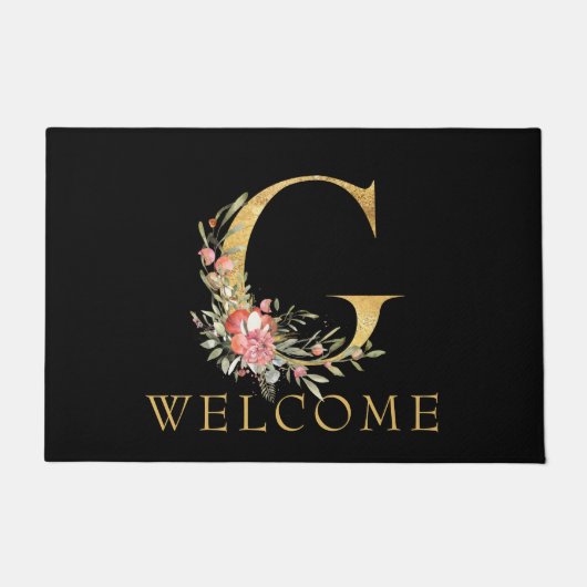 上品な金ゴールドモノグラムGとピンクの花模様doormat ドアマット (正面)