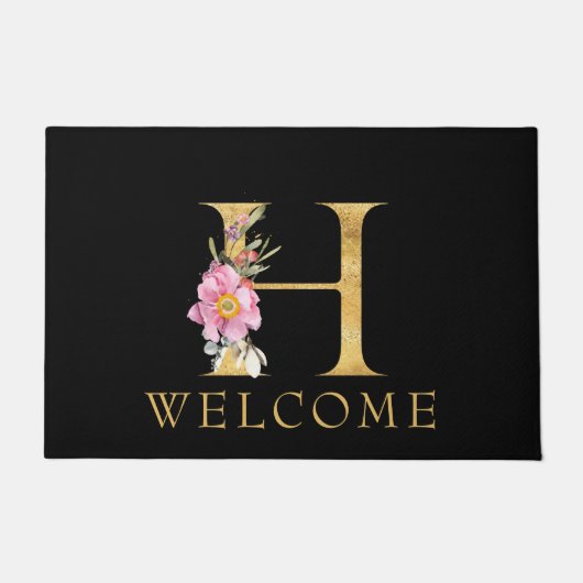 上品な金ゴールドモノグラムHとピンクの花模様doormat ドアマット (正面)