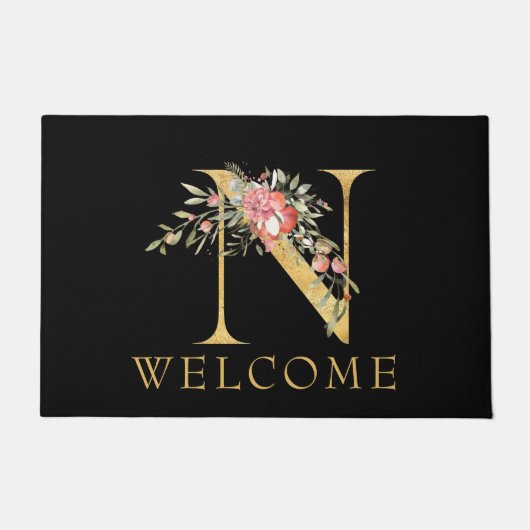 上品な金ゴールドモノグラムNとピンクの花模様doormat ドアマット (正面)