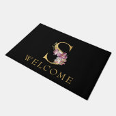 上品な金ゴールドモノグラムSとピンクの花模様doormat ドアマット (アングル)