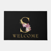 上品な金ゴールドモノグラムSとピンクの花模様doormat ドアマット (正面)