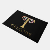 上品な金ゴールドモノグラムTとピンクの花模様doormat ドアマット (アングル)