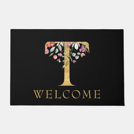 上品な金ゴールドモノグラムTとピンクの花模様doormat ドアマット (正面)