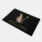 上品な金ゴールドモノグラムVとピンクの花模様doormat ドアマット (アングル)