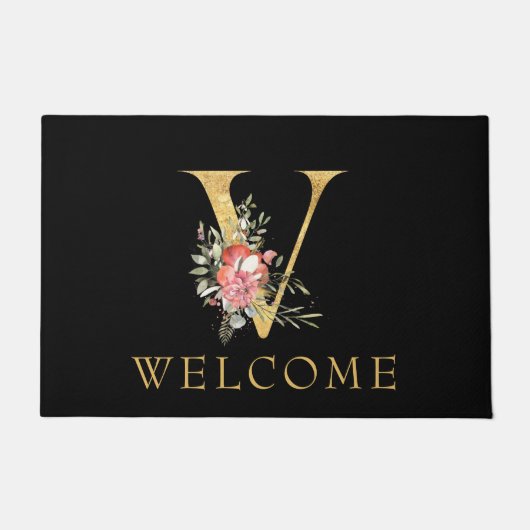 上品な金ゴールドモノグラムVとピンクの花模様doormat ドアマット (正面)