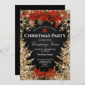 上品な金ゴールドレッドグリッター企業のクリスマスパーティー 招待状 (正面/裏面)