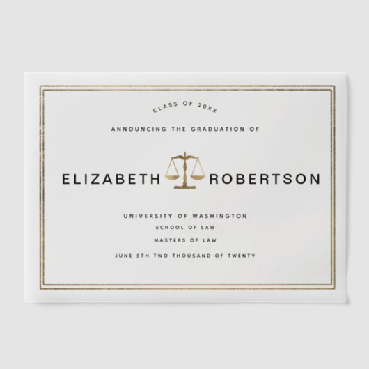 上品な金ゴールド法卒業式のVellum発表 ベラム紙招待状 (正面)