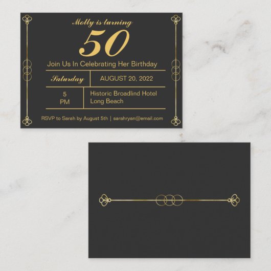 上品な金ゴールド誕生日招待状 エンクロージャーカード (正面/裏面)