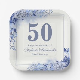 上品な青いバラの花の女性の50歳の誕生日  ペーパープレート