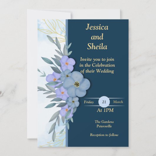 上品な青い花の結婚式招待状 招待状 (正面)