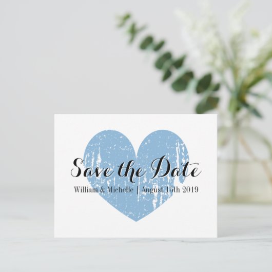 上品な青と白のハート日付のはがきを保存 案内ポストカード (スタンド正面)
