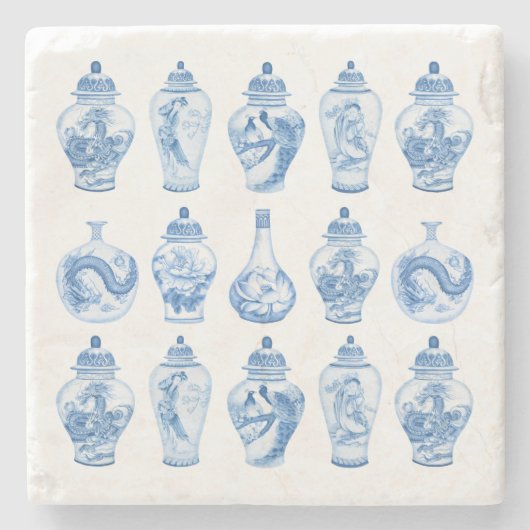 上品な青の白いシノワセリージンジャージャー ストーンコースター (正面)