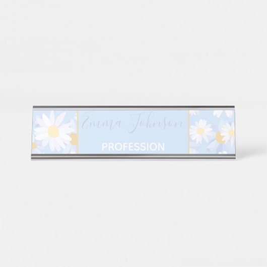 上品な青の白いデイジーの花 デスクネームプレート (正面)