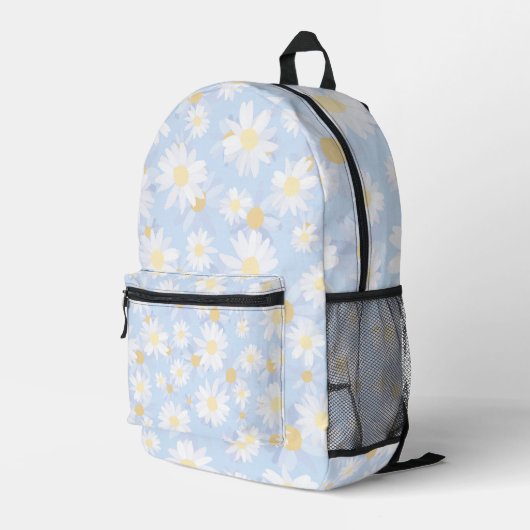 上品な青の白いデイジーの花 プリントバックパック (裏面右端)