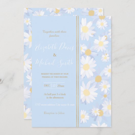 上品な青の白いデイジーの花 招待状 (正面/裏面)