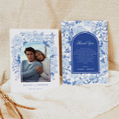 上品な青の白いChinoiserie結婚の写真 サンキューカード