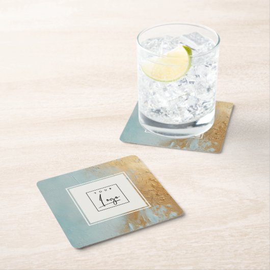 上品な青芸術的色の金ゴールド油絵を描テクスチャのロゴ スクエアペーパーコースター (インサイチュ)