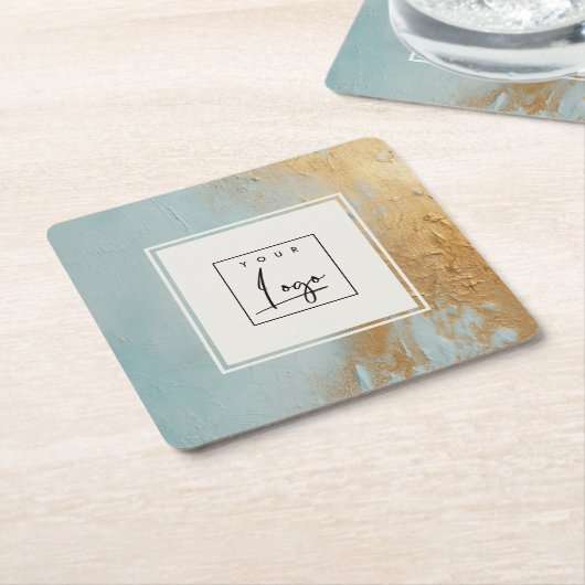 上品な青芸術的色の金ゴールド油絵を描テクスチャのロゴ スクエアペーパーコースター (アングル)