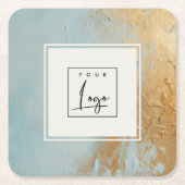 上品な青芸術的色の金ゴールド油絵を描テクスチャのロゴ スクエアペーパーコースター (正面)