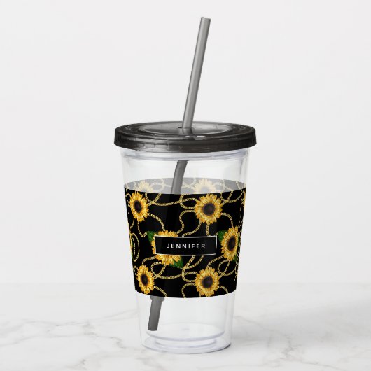 上品な黄色のひまわりスタイリッシュ模様（黒） アクリルタンブラー (裏面)
