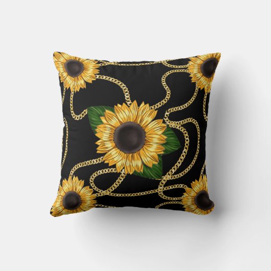 上品な黄色のひまわりスタイリッシュ模様(黒) クッション (裏面)