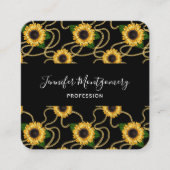 上品な黄色のひまわりスタイリッシュ模様(黒) スクエア名刺 (正面)