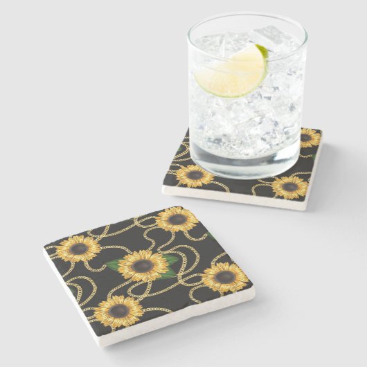 上品な黄色のひまわりスタイリッシュ模様（黒） ストーンコースター (横)