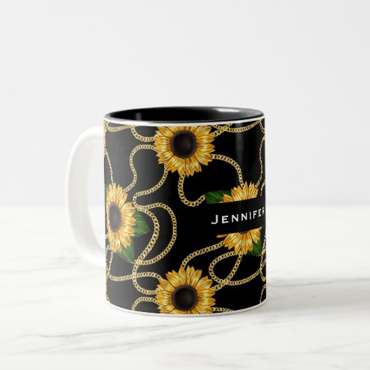 上品な黄色のひまわりスタイリッシュ模様(黒) ツートーンマグカップ (正面左)