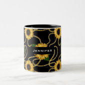 上品な黄色のひまわりスタイリッシュ模様(黒) ツートーンマグカップ (中央)