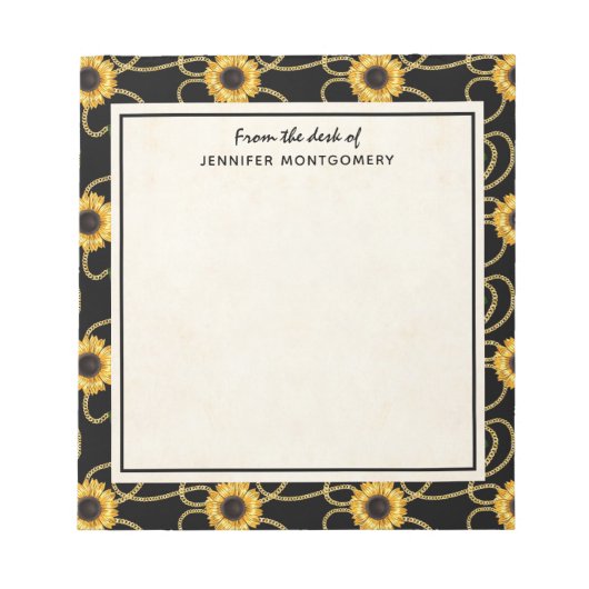 上品な黄色のひまわりスタイリッシュ模様(黒) ノートパッド (正面)