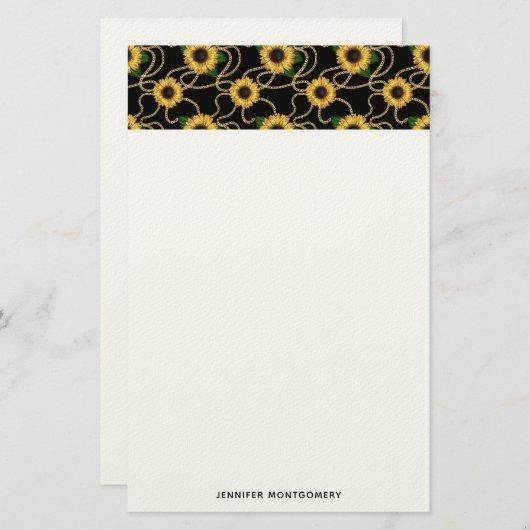 上品な黄色のひまわりスタイリッシュ模様(黒) 便箋 (正面/裏面)