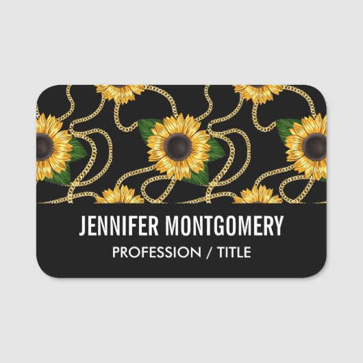 上品な黄色のひまわりスタイリッシュ模様（黒） 名札 (正面)
