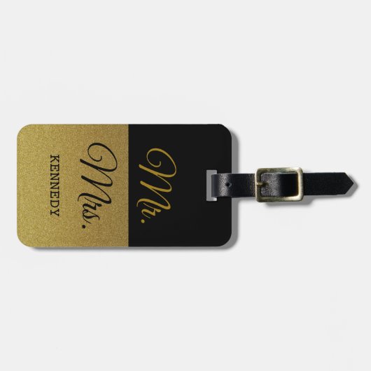 上品な黒および金ゴールドのグリッター氏および夫人 ラゲッジタグ (正面横)