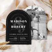 上品な黒と白のアンパサンド写真結婚アーチ 招待状