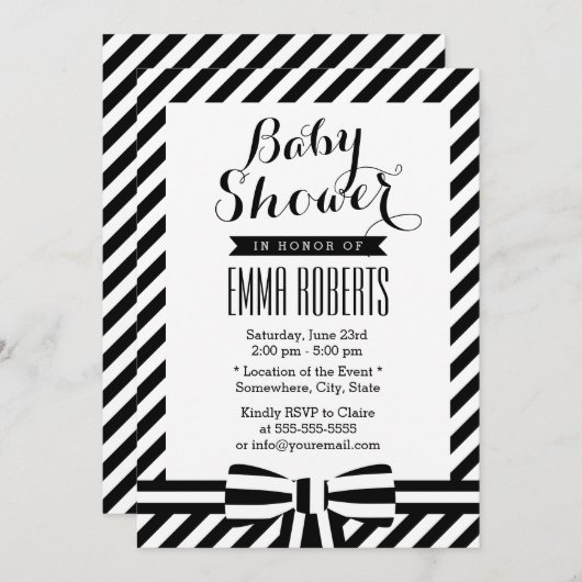 上品な黒と白のストライプベビーシャワー 招待状 (正面/裏面)